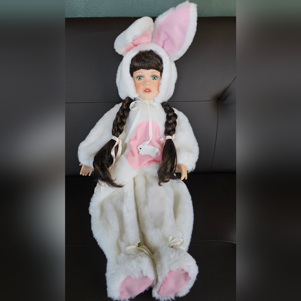 Porcelain Doll Dressed As Bunny, Vintage, Easter,  Brown Hair, Green Eyes, 23in